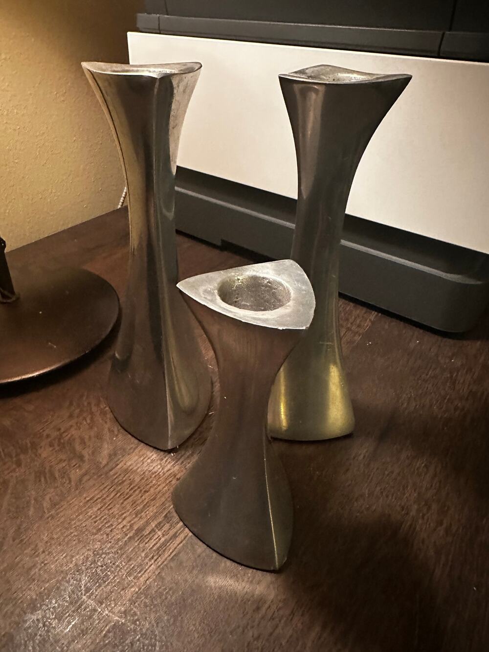 MCM SILVER MODERNIST STYLE NAMBE SET OF 3 CANDLEHOLDERS